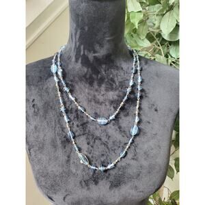 Women's Blue Oval Shape Beads Silver Chain Stylish Necklace